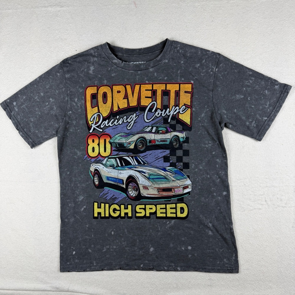 Chemistry Corvette Racing Coupe Graphic T-Shirt Gray Acid Wash Distressed Small